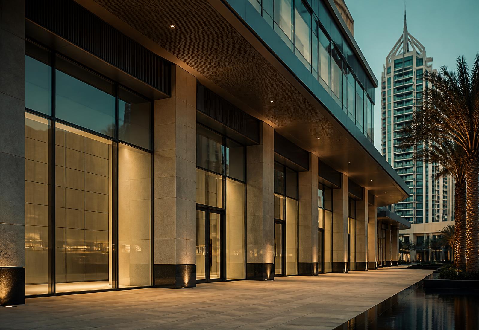 Stone and glass retail podium of a Dubai commercial building at dusk