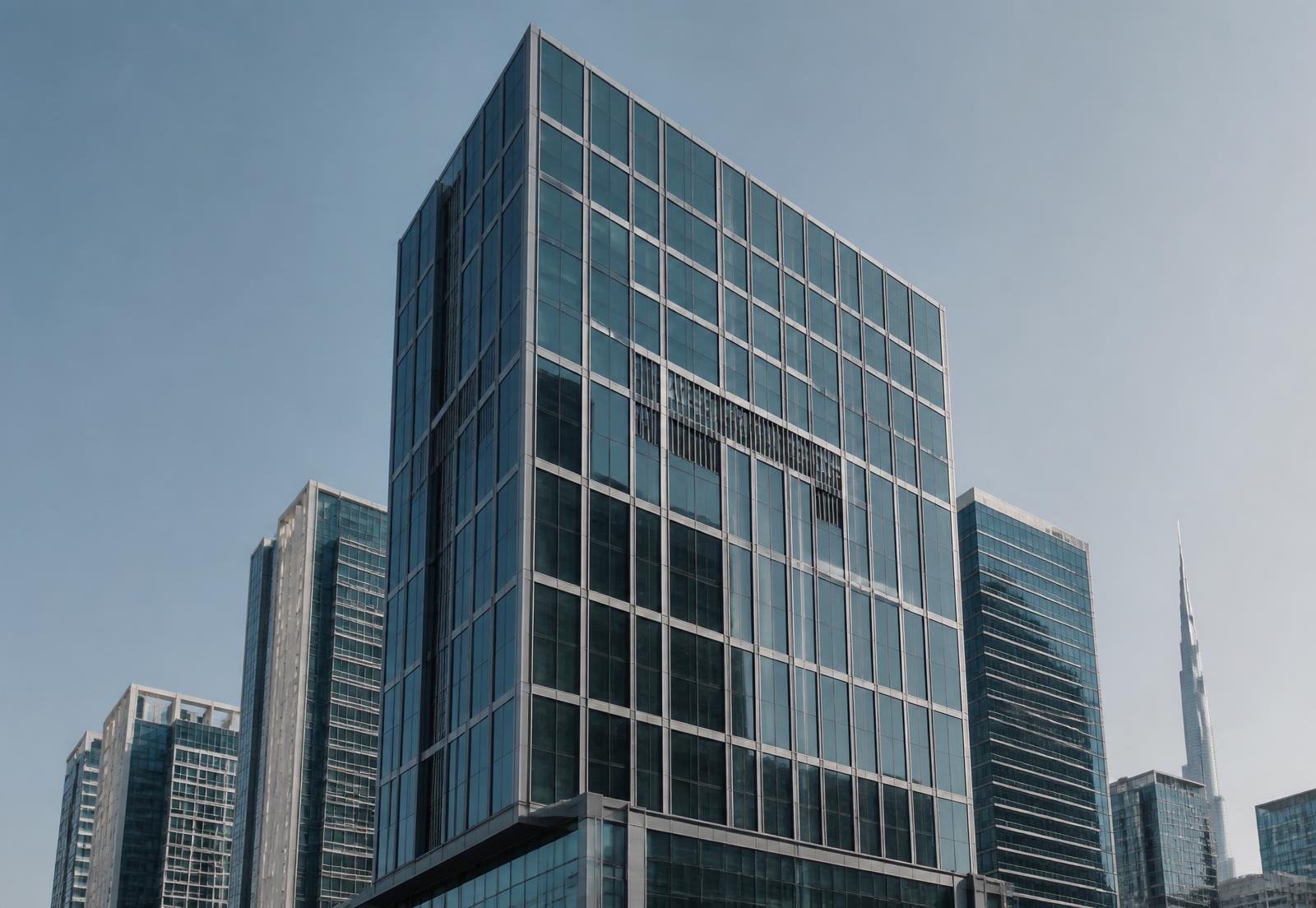 Glass facade of a Dubai commercial office tower at dusk