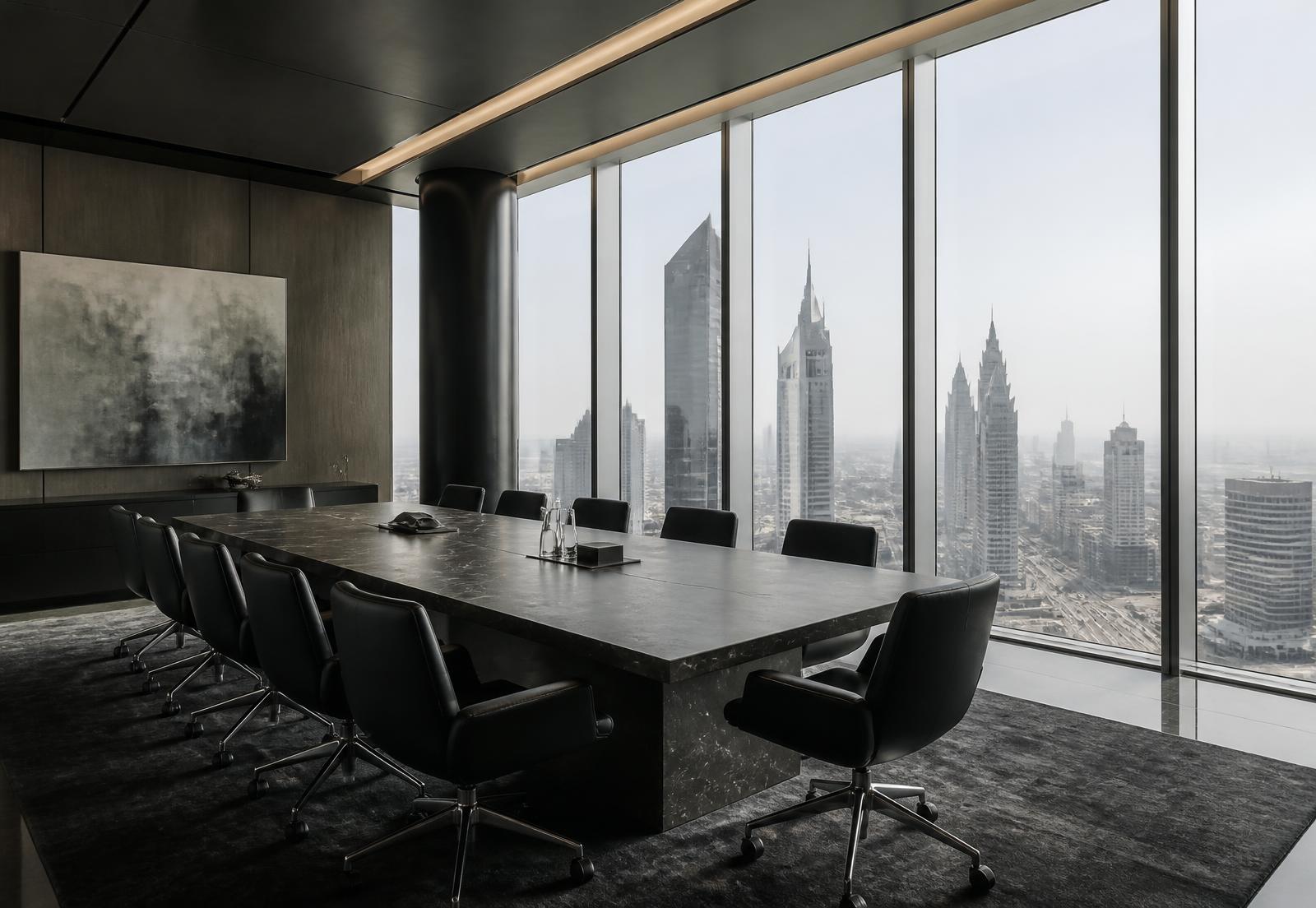 Empty boardroom on a high floor overlooking the Dubai business district