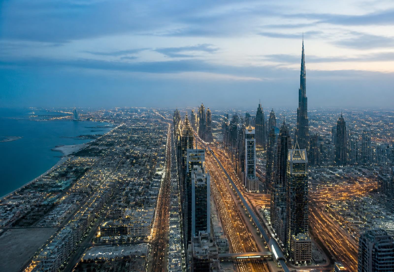 Aerial view of the Dubai city grid at night