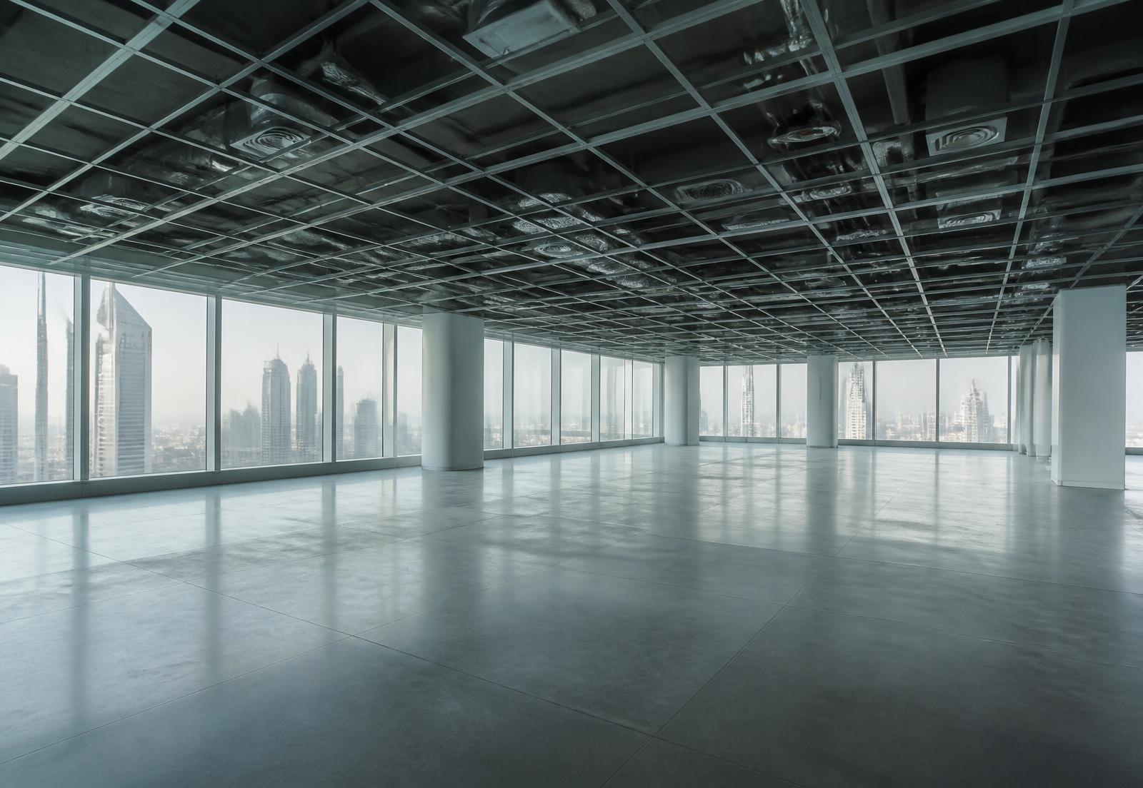 Empty high-floor Dubai office floor awaiting fit-out, skyline visible through full-height glazing