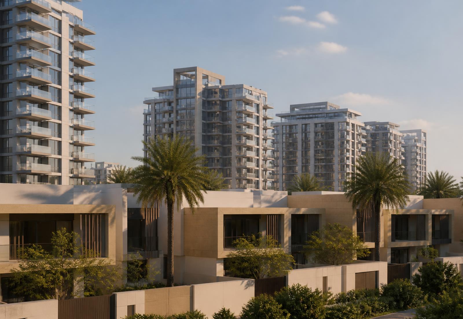 Contemporary residential architecture in Dubai in late afternoon light